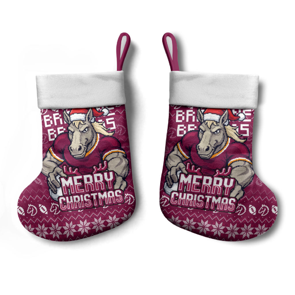 Brisbane Broncos Christmas Stocking Australian Rugby Fans - Pixelated Ugly Xmas Pattern Mascot Santa