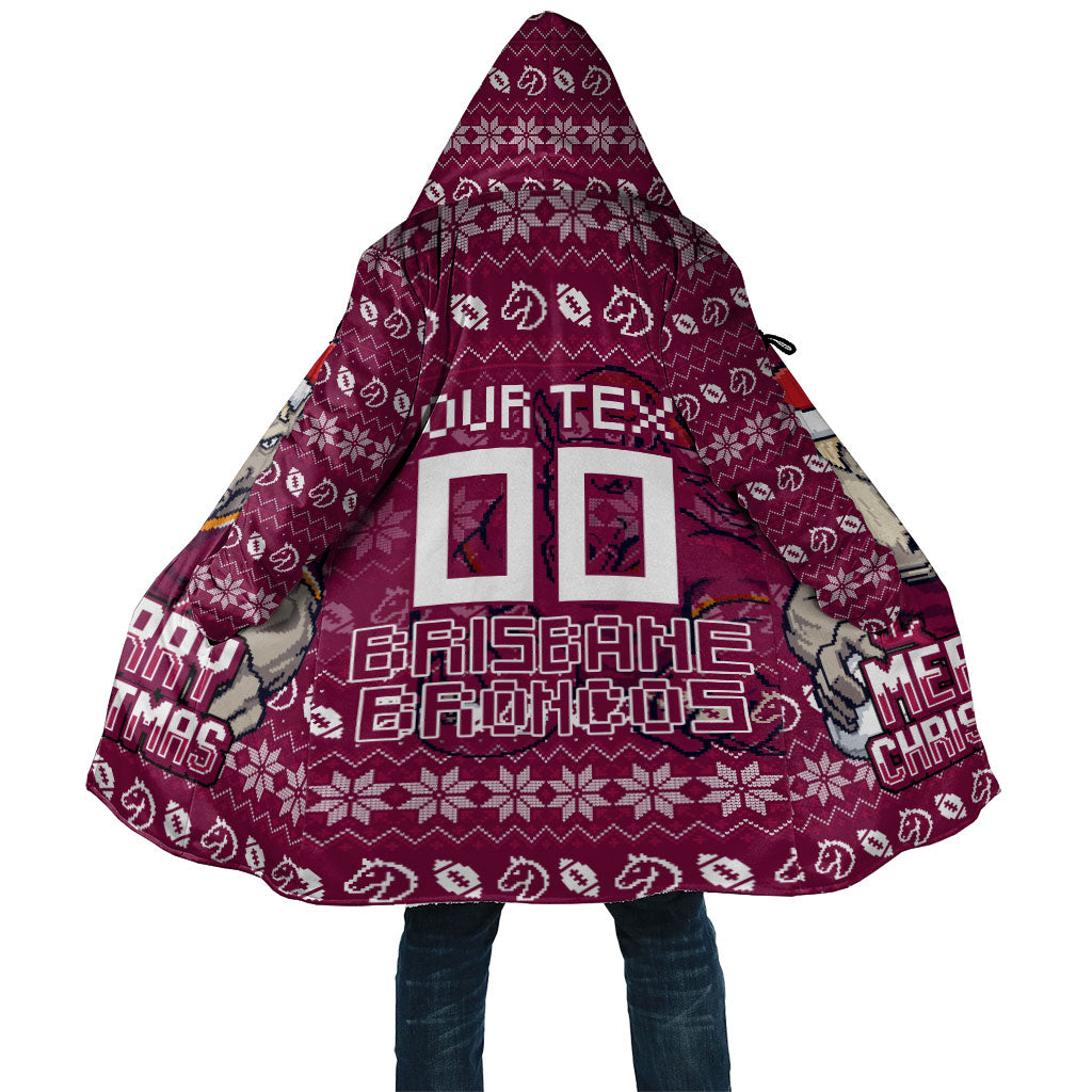 Personalized Brisbane Broncos Christmas Cloak Australian Rugby Fans - Pixelated Ugly Xmas Pattern Mascot Santa