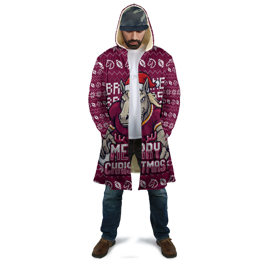 Personalized Brisbane Broncos Christmas Cloak Australian Rugby Fans - Pixelated Ugly Xmas Pattern Mascot Santa