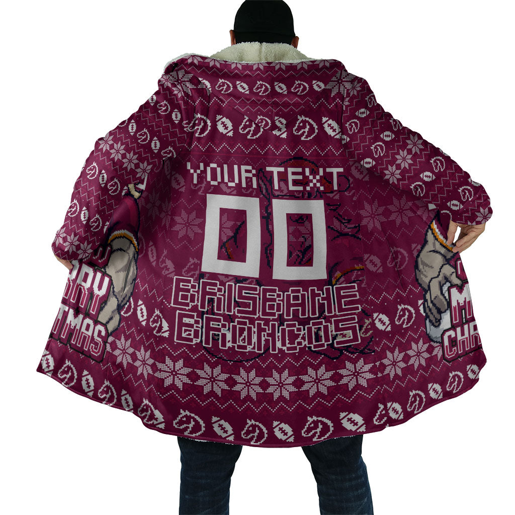 Personalized Brisbane Broncos Christmas Cloak Australian Rugby Fans - Pixelated Ugly Xmas Pattern Mascot Santa