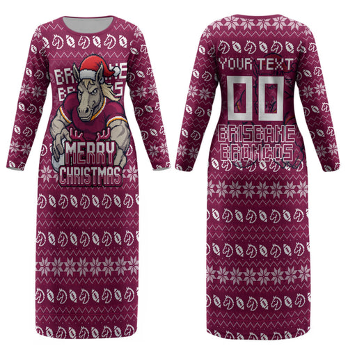 Personalized Brisbane Broncos Christmas Couples Matching Long Sleeve Bodycon Dress and Long Sleeve Button Shirt Australian Rugby Fans - Pixelated Ugly Xmas Pattern Mascot Santa