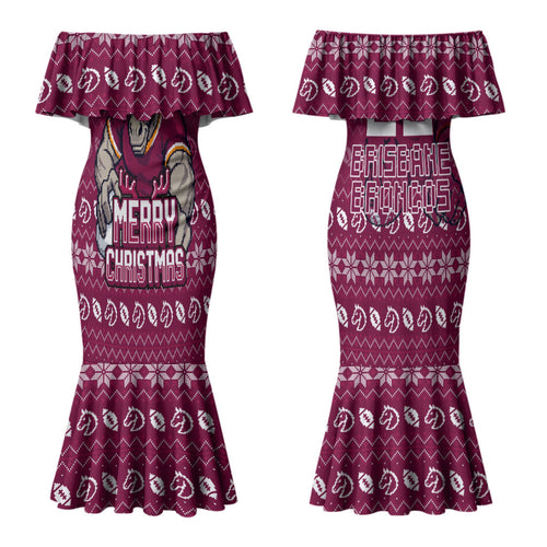 Personalized Brisbane Broncos Christmas Couples Matching Mermaid Dress and Long Sleeve Button Shirt Australian Rugby Fans - Pixelated Ugly Xmas Pattern Mascot Santa