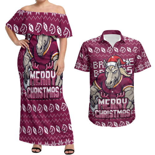 Personalized Brisbane Broncos Christmas Couples Matching Off Shoulder Maxi Dress and Hawaiian Shirt Australian Rugby Fans - Pixelated Ugly Xmas Pattern Mascot Santa