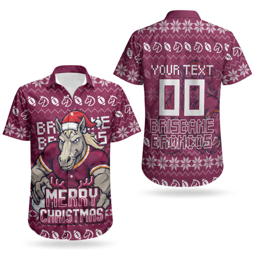 Personalized Brisbane Broncos Christmas Couples Matching Off Shoulder Maxi Dress and Hawaiian Shirt Australian Rugby Fans - Pixelated Ugly Xmas Pattern Mascot Santa