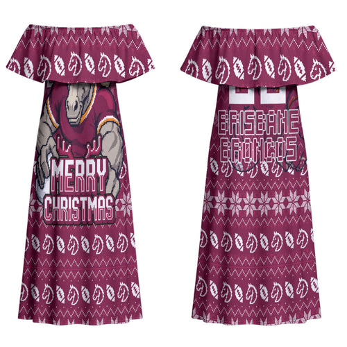 Personalized Brisbane Broncos Christmas Couples Matching Off Shoulder Maxi Dress and Hawaiian Shirt Australian Rugby Fans - Pixelated Ugly Xmas Pattern Mascot Santa