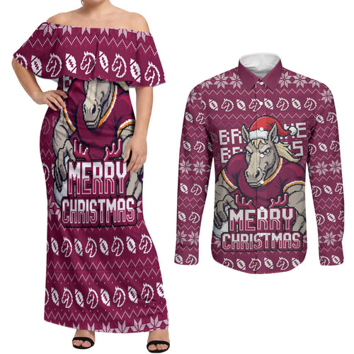 Personalized Brisbane Broncos Christmas Couples Matching Off Shoulder Maxi Dress and Long Sleeve Button Shirt Australian Rugby Fans - Pixelated Ugly Xmas Pattern Mascot Santa