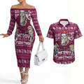 Personalized Brisbane Broncos Christmas Couples Matching Off The Shoulder Long Sleeve Dress and Hawaiian Shirt Australian Rugby Fans - Pixelated Ugly Xmas Pattern Mascot Santa
