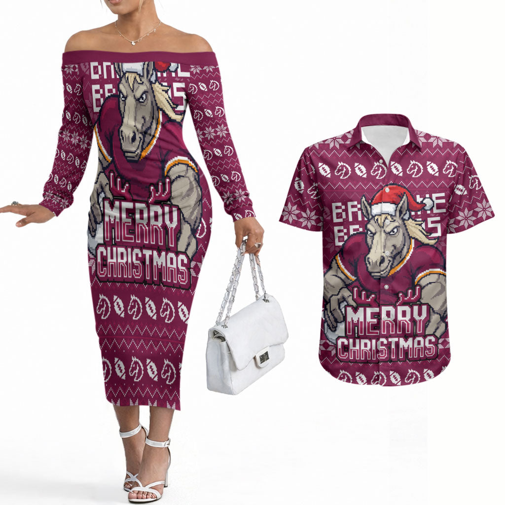Personalized Brisbane Broncos Christmas Couples Matching Off The Shoulder Long Sleeve Dress and Hawaiian Shirt Australian Rugby Fans - Pixelated Ugly Xmas Pattern Mascot Santa