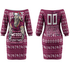 Personalized Brisbane Broncos Christmas Couples Matching Off The Shoulder Long Sleeve Dress and Hawaiian Shirt Australian Rugby Fans - Pixelated Ugly Xmas Pattern Mascot Santa