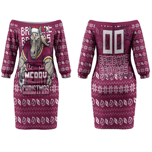 Personalized Brisbane Broncos Christmas Couples Matching Off The Shoulder Long Sleeve Dress and Hawaiian Shirt Australian Rugby Fans - Pixelated Ugly Xmas Pattern Mascot Santa