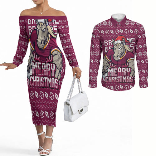 Personalized Brisbane Broncos Christmas Couples Matching Off The Shoulder Long Sleeve Dress and Long Sleeve Button Shirt Australian Rugby Fans - Pixelated Ugly Xmas Pattern Mascot Santa
