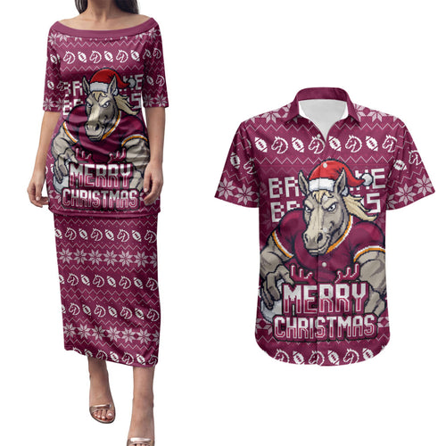 Personalized Brisbane Broncos Christmas Couples Matching Puletasi and Hawaiian Shirt Australian Rugby Fans - Pixelated Ugly Xmas Pattern Mascot Santa