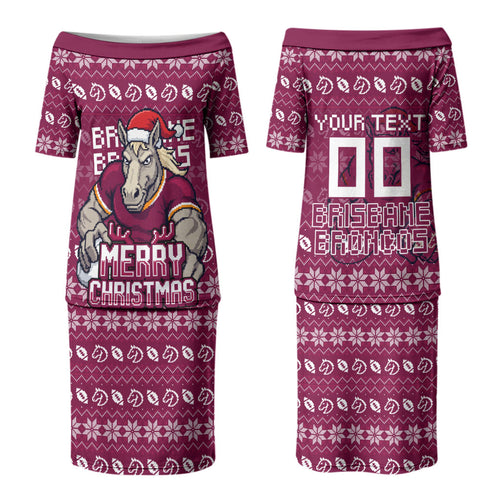 Personalized Brisbane Broncos Christmas Couples Matching Puletasi and Hawaiian Shirt Australian Rugby Fans - Pixelated Ugly Xmas Pattern Mascot Santa