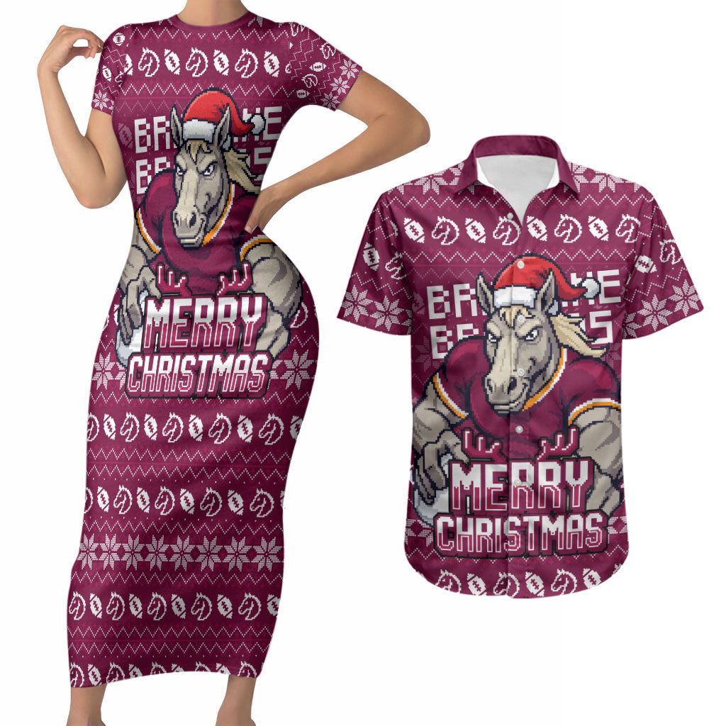 Personalized Brisbane Broncos Christmas Couples Matching Short Sleeve Bodycon Dress and Hawaiian Shirt Australian Rugby Fans - Pixelated Ugly Xmas Pattern Mascot Santa