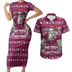 Personalized Brisbane Broncos Christmas Couples Matching Short Sleeve Bodycon Dress and Hawaiian Shirt Australian Rugby Fans - Pixelated Ugly Xmas Pattern Mascot Santa