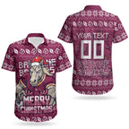 Personalized Brisbane Broncos Christmas Couples Matching Short Sleeve Bodycon Dress and Hawaiian Shirt Australian Rugby Fans - Pixelated Ugly Xmas Pattern Mascot Santa