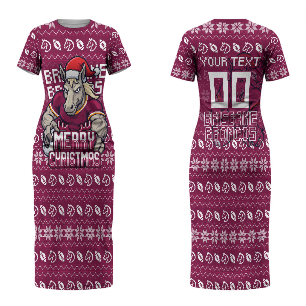 Personalized Brisbane Broncos Christmas Couples Matching Short Sleeve Bodycon Dress and Hawaiian Shirt Australian Rugby Fans - Pixelated Ugly Xmas Pattern Mascot Santa