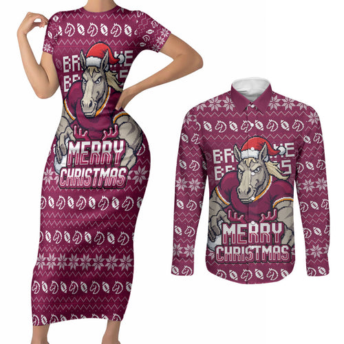 Personalized Brisbane Broncos Christmas Couples Matching Short Sleeve Bodycon Dress and Long Sleeve Button Shirt Australian Rugby Fans - Pixelated Ugly Xmas Pattern Mascot Santa