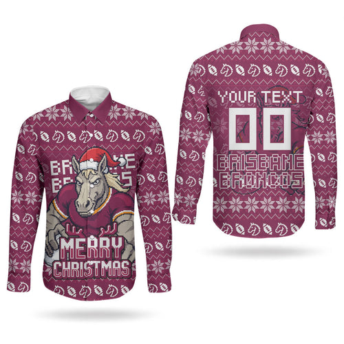 Personalized Brisbane Broncos Christmas Couples Matching Short Sleeve Bodycon Dress and Long Sleeve Button Shirt Australian Rugby Fans - Pixelated Ugly Xmas Pattern Mascot Santa