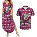 Personalized Brisbane Broncos Christmas Couples Matching Summer Maxi Dress and Hawaiian Shirt Australian Rugby Fans - Pixelated Ugly Xmas Pattern Mascot Santa