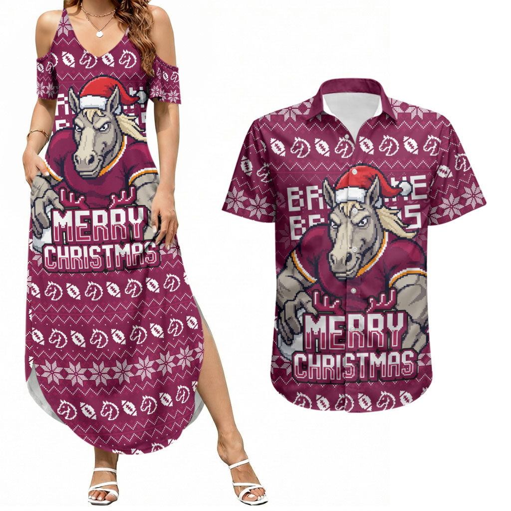 Personalized Brisbane Broncos Christmas Couples Matching Summer Maxi Dress and Hawaiian Shirt Australian Rugby Fans - Pixelated Ugly Xmas Pattern Mascot Santa
