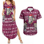 Personalized Brisbane Broncos Christmas Couples Matching Summer Maxi Dress and Hawaiian Shirt Australian Rugby Fans - Pixelated Ugly Xmas Pattern Mascot Santa