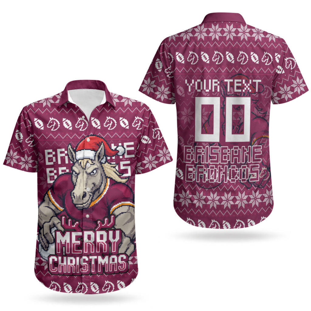 Personalized Brisbane Broncos Christmas Couples Matching Summer Maxi Dress and Hawaiian Shirt Australian Rugby Fans - Pixelated Ugly Xmas Pattern Mascot Santa