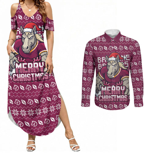 Personalized Brisbane Broncos Christmas Couples Matching Summer Maxi Dress and Long Sleeve Button Shirt Australian Rugby Fans - Pixelated Ugly Xmas Pattern Mascot Santa