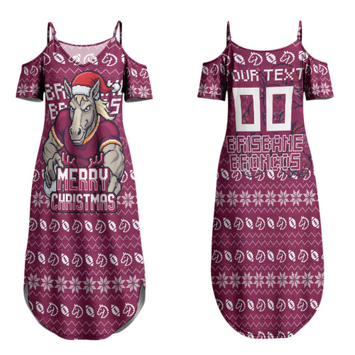 Personalized Brisbane Broncos Christmas Couples Matching Summer Maxi Dress and Long Sleeve Button Shirt Australian Rugby Fans - Pixelated Ugly Xmas Pattern Mascot Santa