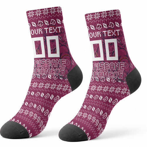 Personalized Brisbane Broncos Christmas Crew Socks Australian Rugby Fans - Pixelated Ugly Xmas Pattern Mascot Santa