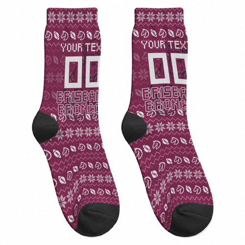 Personalized Brisbane Broncos Christmas Crew Socks Australian Rugby Fans - Pixelated Ugly Xmas Pattern Mascot Santa