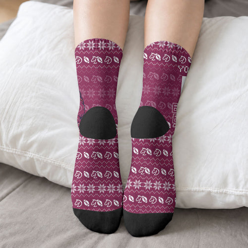 Personalized Brisbane Broncos Christmas Crew Socks Australian Rugby Fans - Pixelated Ugly Xmas Pattern Mascot Santa