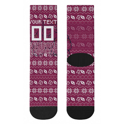 Personalized Brisbane Broncos Christmas Crew Socks Australian Rugby Fans - Pixelated Ugly Xmas Pattern Mascot Santa