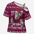 Personalized Brisbane Broncos Christmas Cross Shoulder Shirt Australian Rugby Fans - Pixelated Ugly Xmas Pattern Mascot Santa
