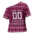Personalized Brisbane Broncos Christmas Cross Shoulder Shirt Australian Rugby Fans - Pixelated Ugly Xmas Pattern Mascot Santa