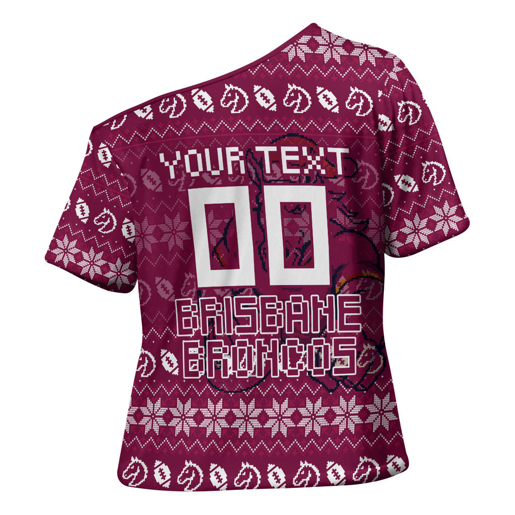 Personalized Brisbane Broncos Christmas Cross Shoulder Shirt Australian Rugby Fans - Pixelated Ugly Xmas Pattern Mascot Santa
