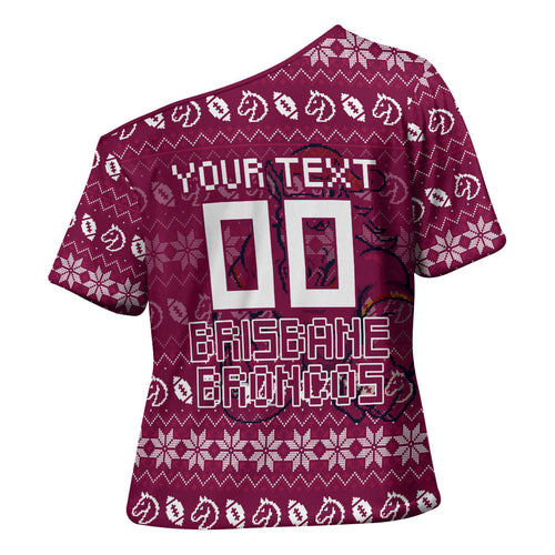 Personalized Brisbane Broncos Christmas Cross Shoulder Shirt Australian Rugby Fans - Pixelated Ugly Xmas Pattern Mascot Santa