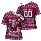 Personalized Brisbane Broncos Christmas Cross Shoulder Shirt Australian Rugby Fans - Pixelated Ugly Xmas Pattern Mascot Santa