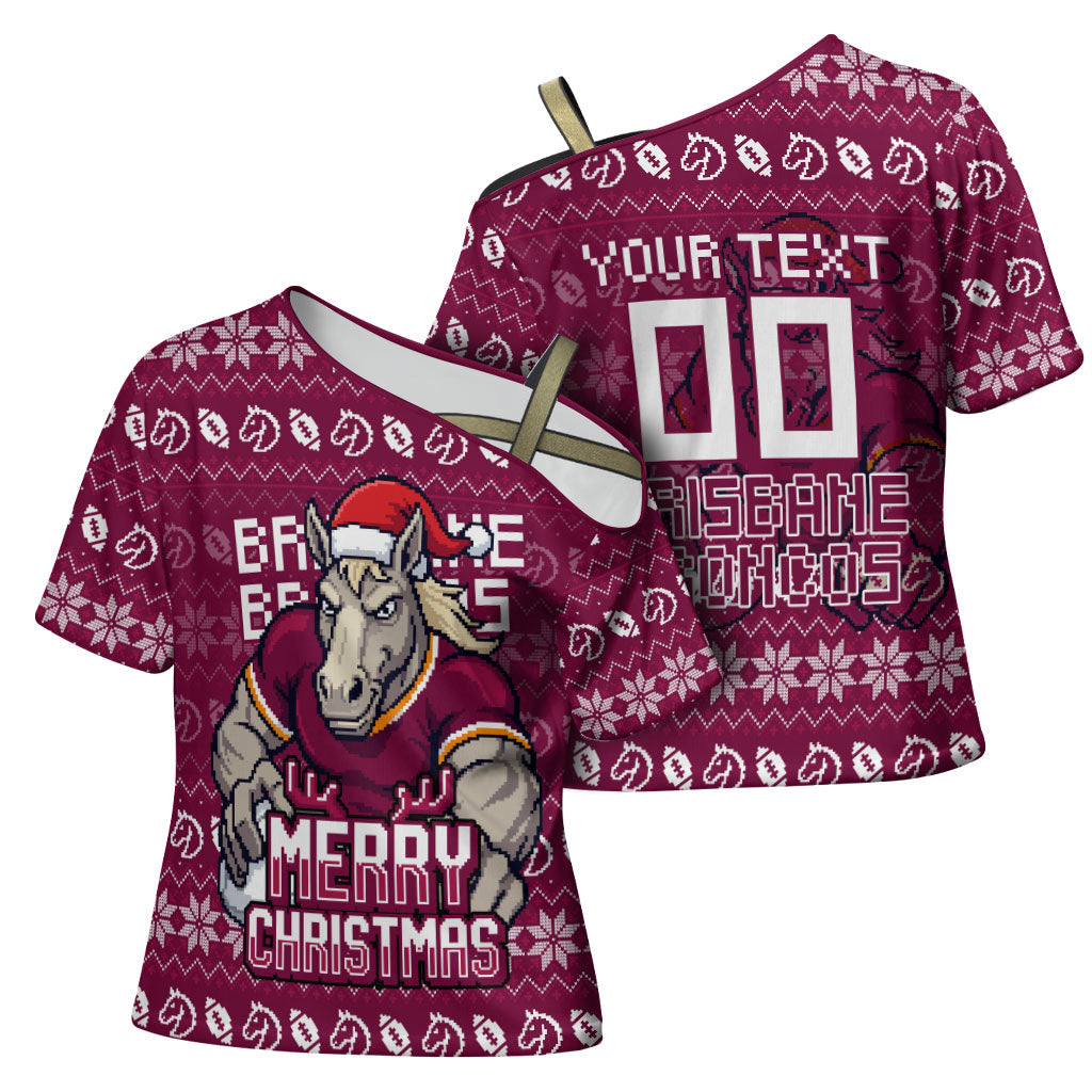 Personalized Brisbane Broncos Christmas Cross Shoulder Shirt Australian Rugby Fans - Pixelated Ugly Xmas Pattern Mascot Santa