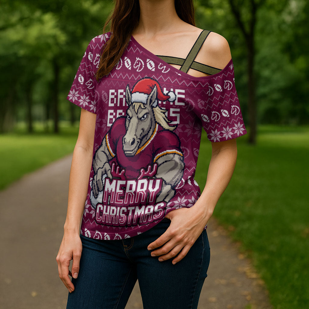 Personalized Brisbane Broncos Christmas Cross Shoulder Shirt Australian Rugby Fans - Pixelated Ugly Xmas Pattern Mascot Santa