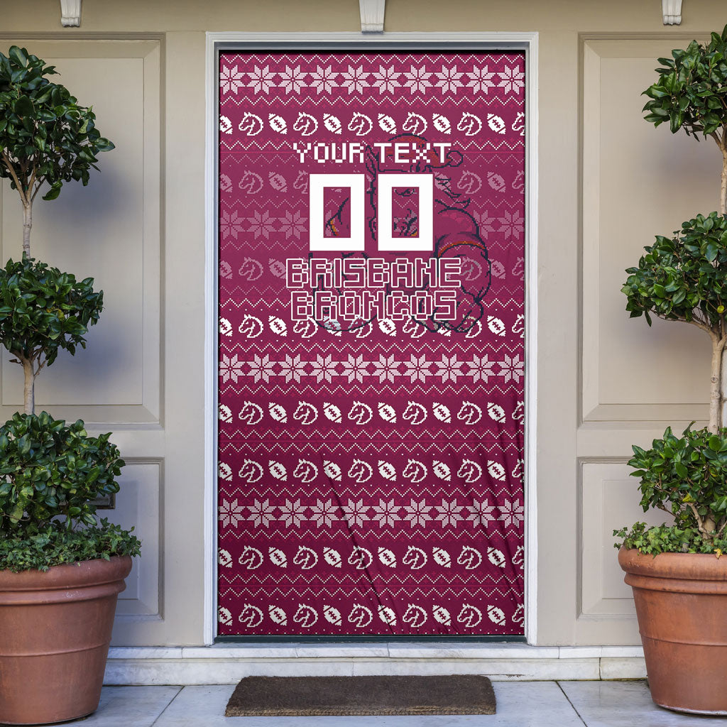 Personalized Brisbane Broncos Christmas Door Cover Australian Rugby Fans - Pixelated Ugly Xmas Pattern Mascot Santa