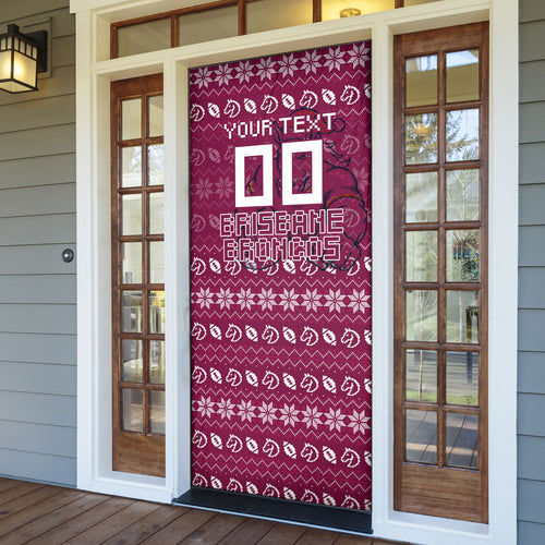 Personalized Brisbane Broncos Christmas Door Cover Australian Rugby Fans - Pixelated Ugly Xmas Pattern Mascot Santa