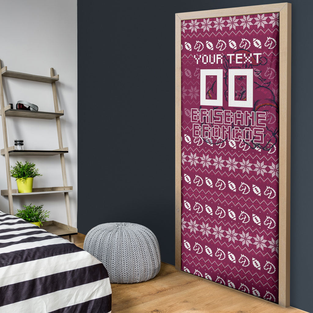 Personalized Brisbane Broncos Christmas Door Cover Australian Rugby Fans - Pixelated Ugly Xmas Pattern Mascot Santa