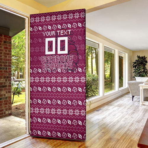 Personalized Brisbane Broncos Christmas Door Cover Australian Rugby Fans - Pixelated Ugly Xmas Pattern Mascot Santa