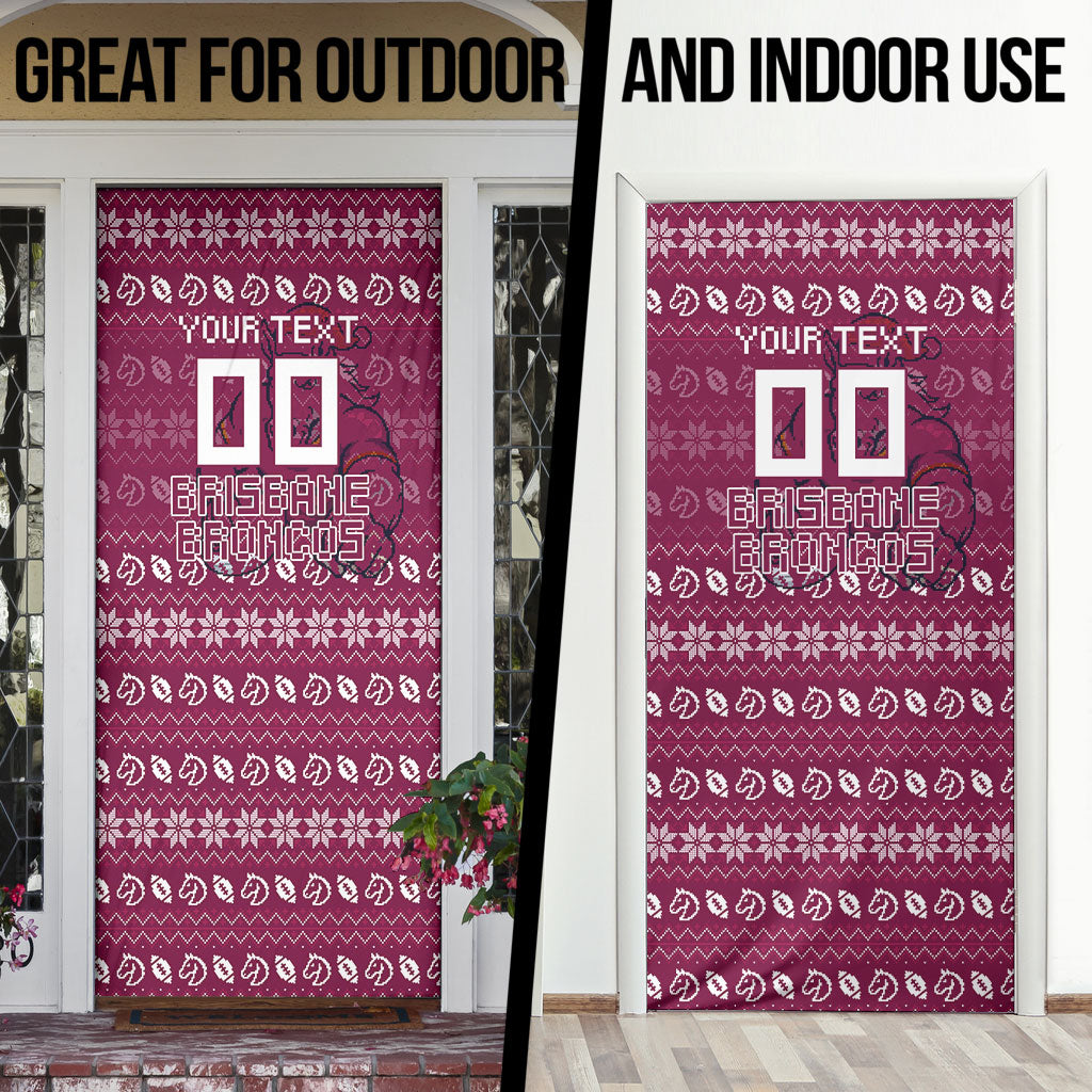 Personalized Brisbane Broncos Christmas Door Cover Australian Rugby Fans - Pixelated Ugly Xmas Pattern Mascot Santa
