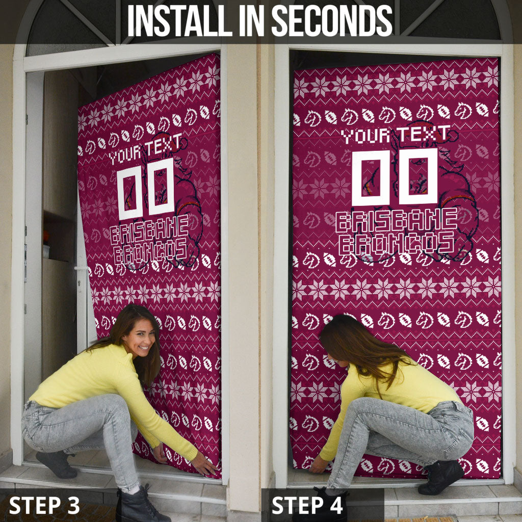 Personalized Brisbane Broncos Christmas Door Cover Australian Rugby Fans - Pixelated Ugly Xmas Pattern Mascot Santa