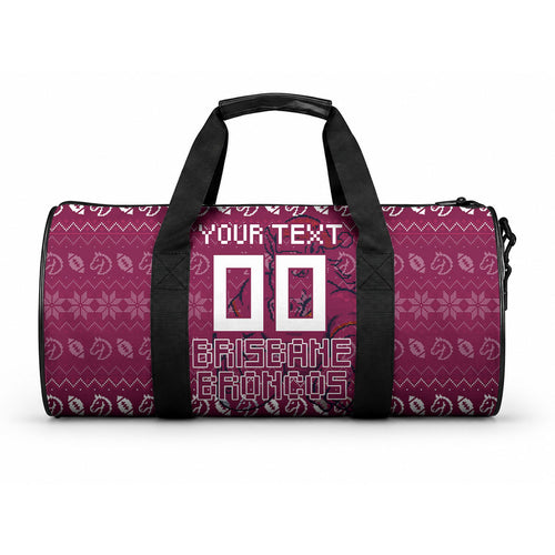 Personalized Brisbane Broncos Christmas Duffle Bag Australian Rugby Fans - Pixelated Ugly Xmas Pattern Mascot Santa