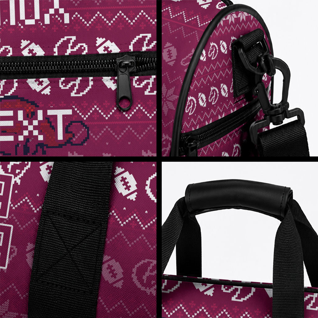 Personalized Brisbane Broncos Christmas Duffle Bag Australian Rugby Fans - Pixelated Ugly Xmas Pattern Mascot Santa