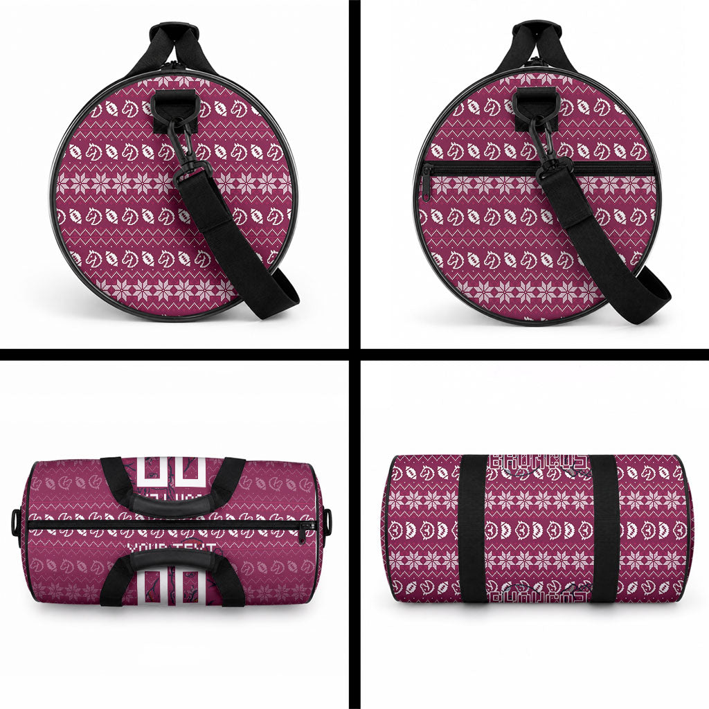 Personalized Brisbane Broncos Christmas Duffle Bag Australian Rugby Fans - Pixelated Ugly Xmas Pattern Mascot Santa