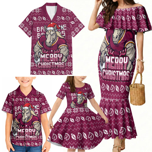 Personalized Brisbane Broncos Christmas Family Matching Mermaid Dress and Hawaiian Shirt Australian Rugby Fans - Pixelated Ugly Xmas Pattern Mascot Santa